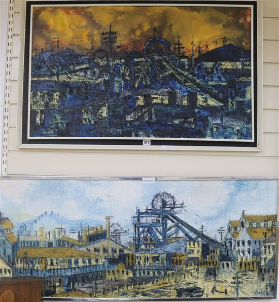 Two oils on canvas, colliery scenes, signed Clarke, 49 x 114cm